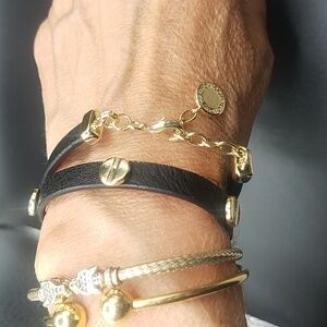 French Connection Gold and Black Screw Leather Bracelet